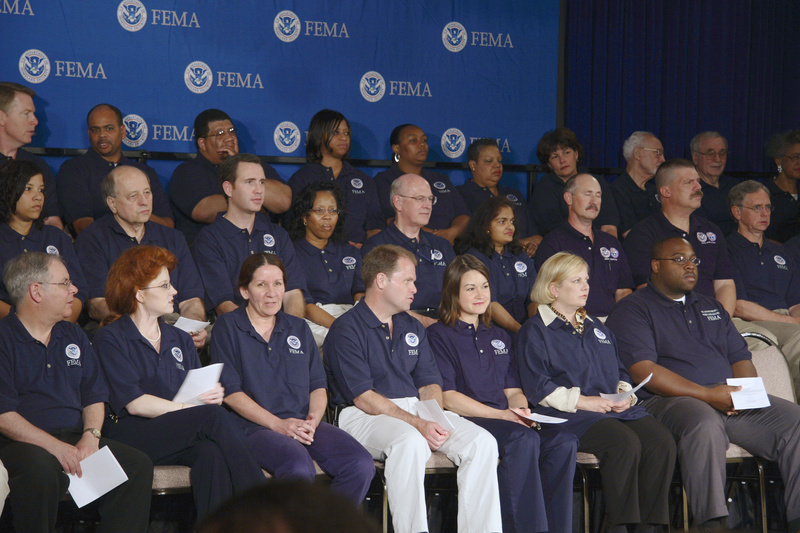 Washington: FEMA employees wait behind the podium for R. David Paulison...