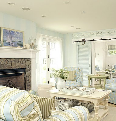 Brown leather sofa blue white plaid coastal living room - italian ...