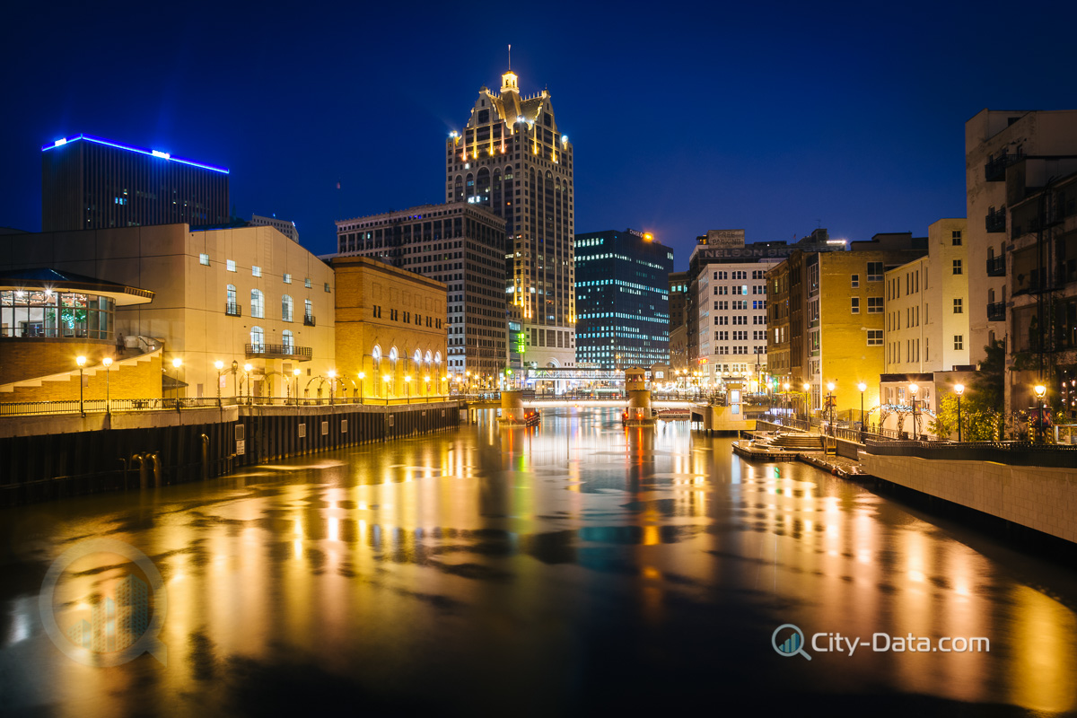 Buildings along the milwaukee river at night