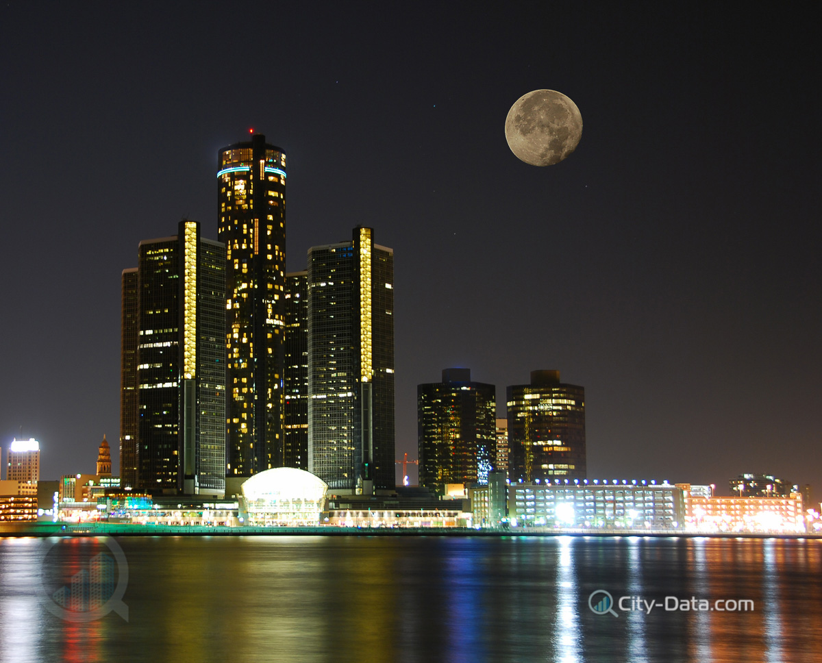 Detroit skyline with moon