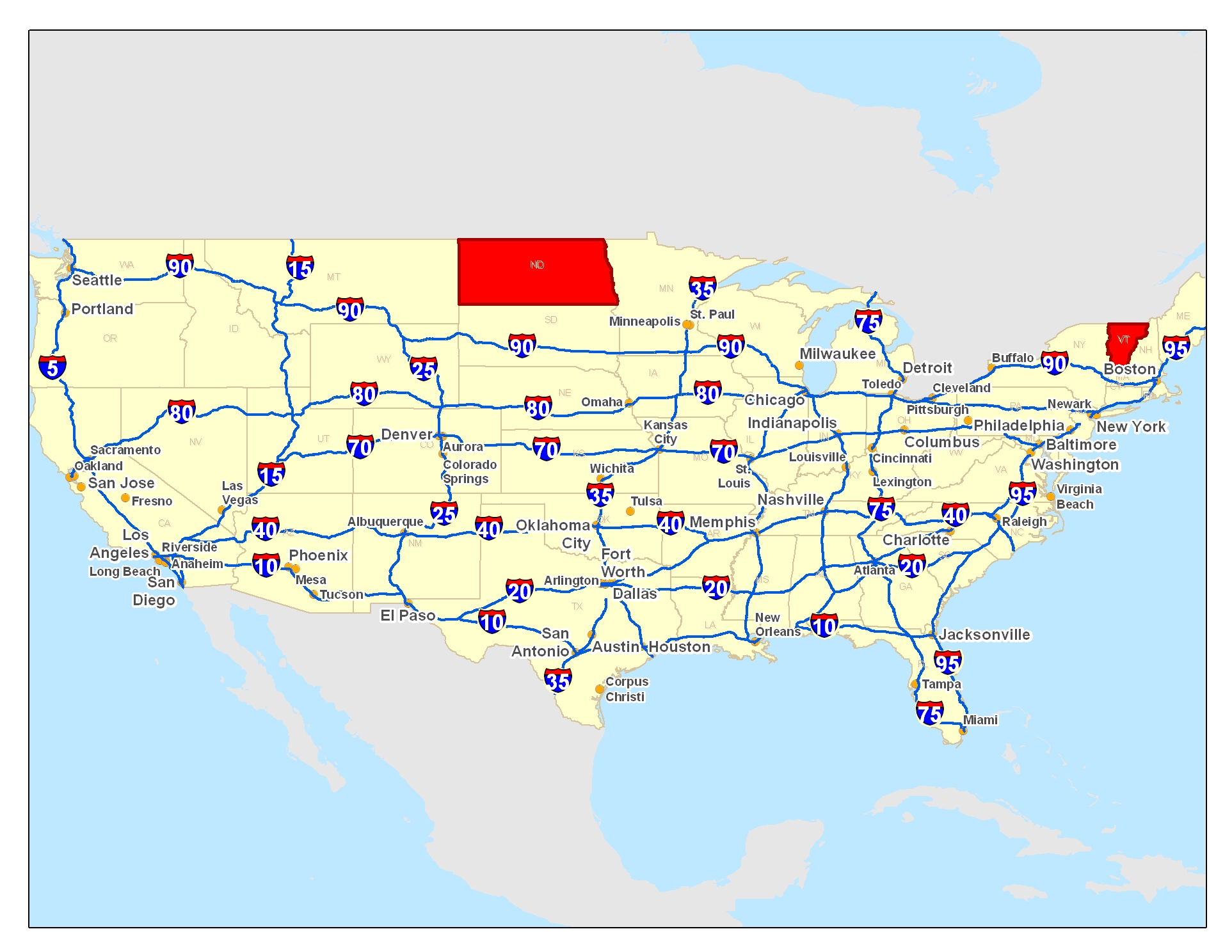 States in which the most significant Interstate highway is not a